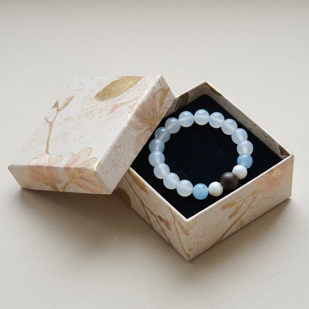 Snowbound Moonrise White Moonstone & Aquamarine Bracelet with Handcrafted Tibetan Incense Bead（Metal）
