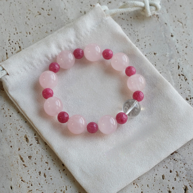 "Fu Yao" Original Chinese Style 12mm Rhodonite & Rose Quartz Bracelet - Fire Element Healing Crystal for Emotional Balance, Boundaries, and Real Love | Rose Stone Jewelry
