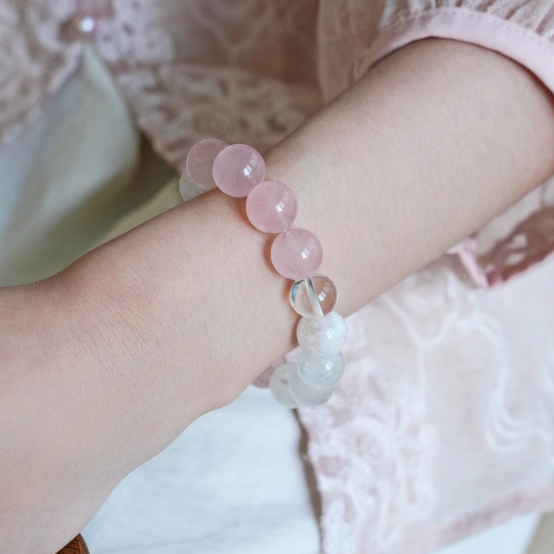 "Xi Zi" Original 11mm Madagascar Rose Quartz & Snow Phantom Bracelet - Relationship Luck & Self-Love Healing Crystal Gift | Independent Women Jewelry
