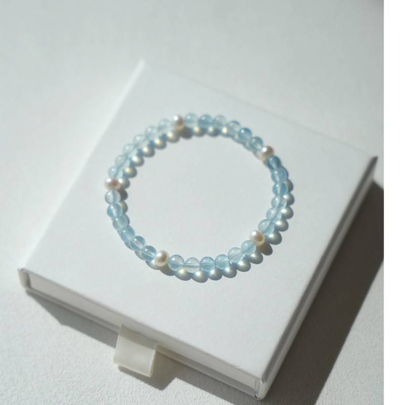 "Mint" Original 6mm Natural Ice Aquamarine & Freshwater Pearl Bracelet | Communication & Confidence Healing Crystal | Water Element Jewelry Gift for Aries Gemini Pisces