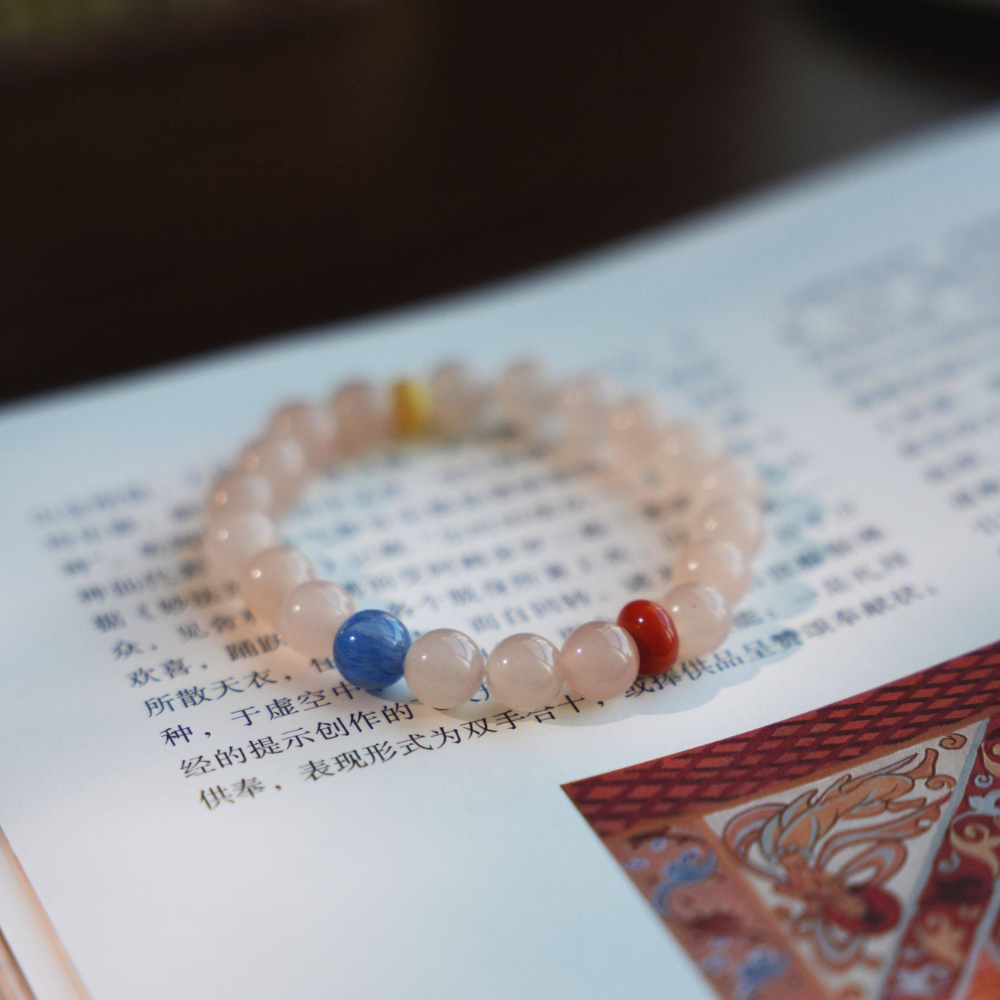 "Hua Ying Chun Shi" New Chinese Style Pink Chalcedony Bracelet with 8mm Kyanite | Natural Healing Crystal Beaded Jewelry