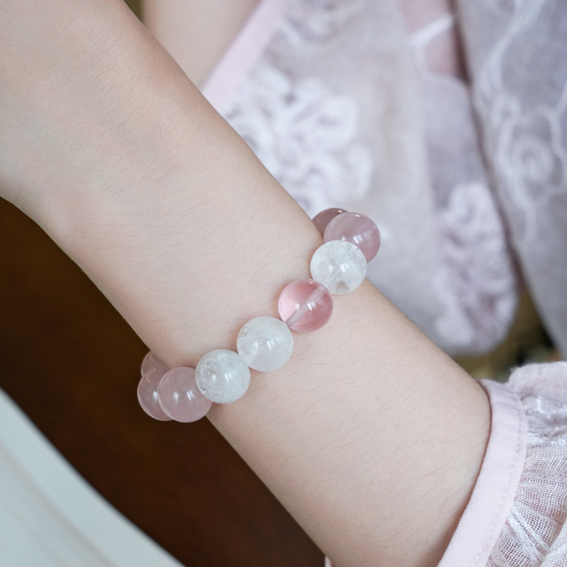 "Xi Zi" Original 11mm Madagascar Rose Quartz & Snow Phantom Bracelet - Relationship Luck & Self-Love Healing Crystal Gift | Independent Women Jewelry