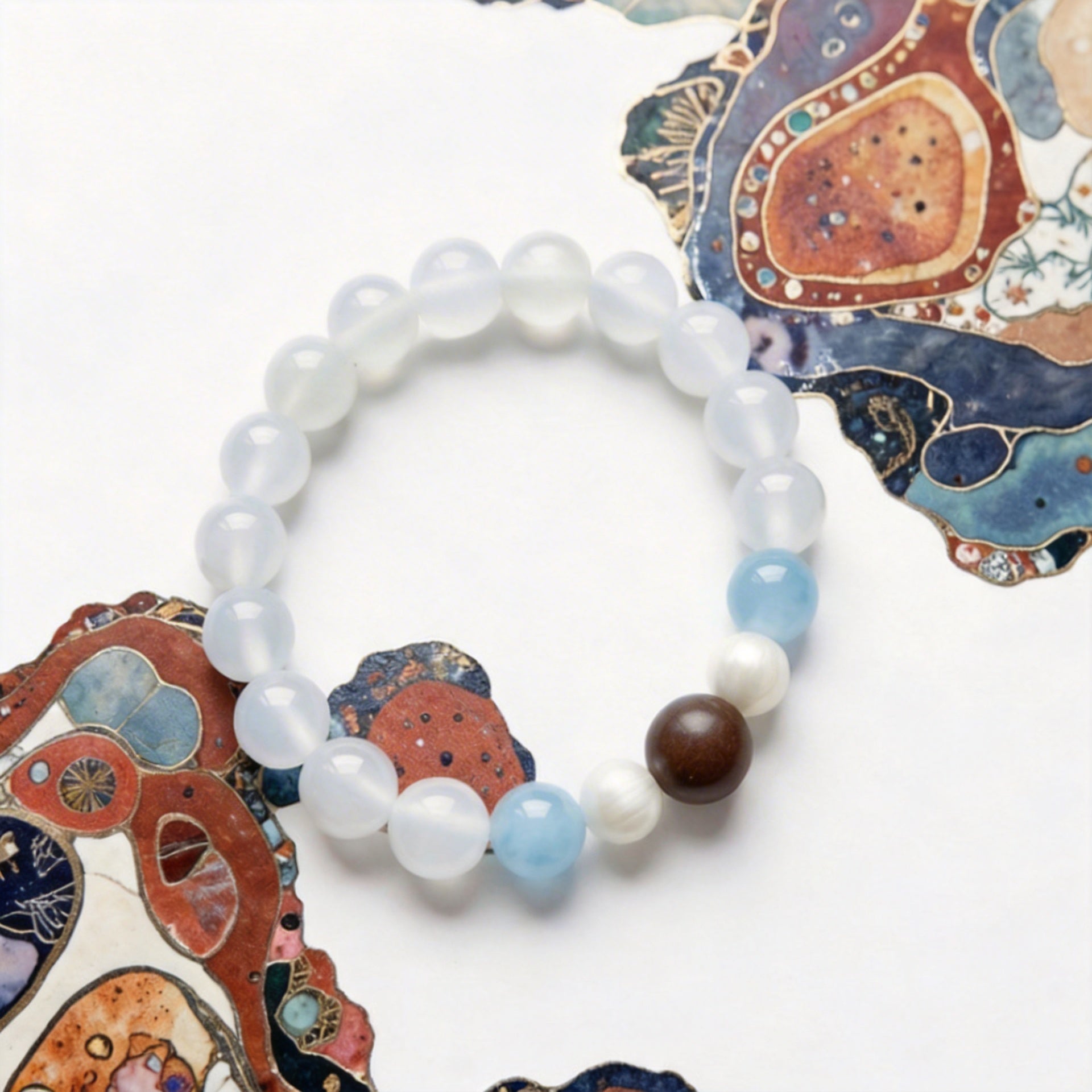 Snowbound Moonrise White Moonstone & Aquamarine Bracelet with Handcrafted Tibetan Incense Bead（Metal）