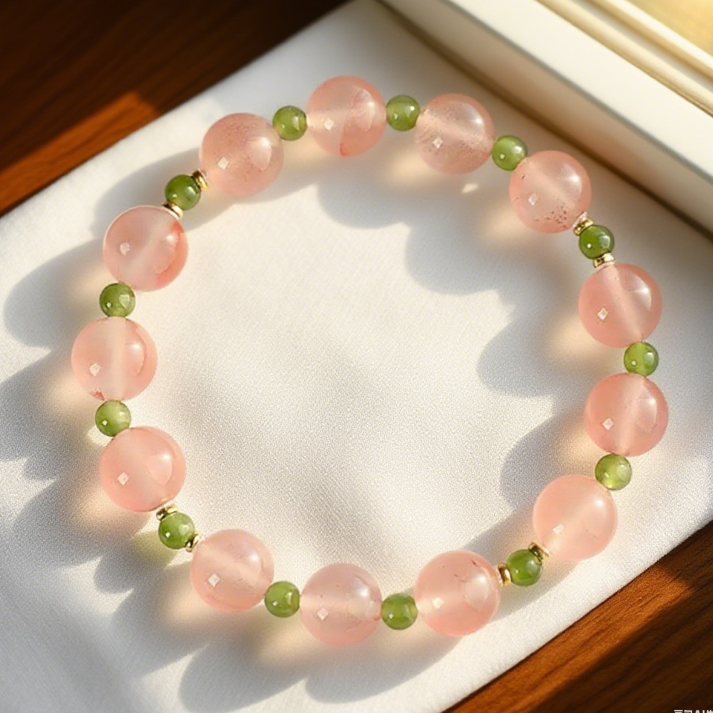 Natural Nanhong Agate and Green Jade Beaded Bracelet（fire）