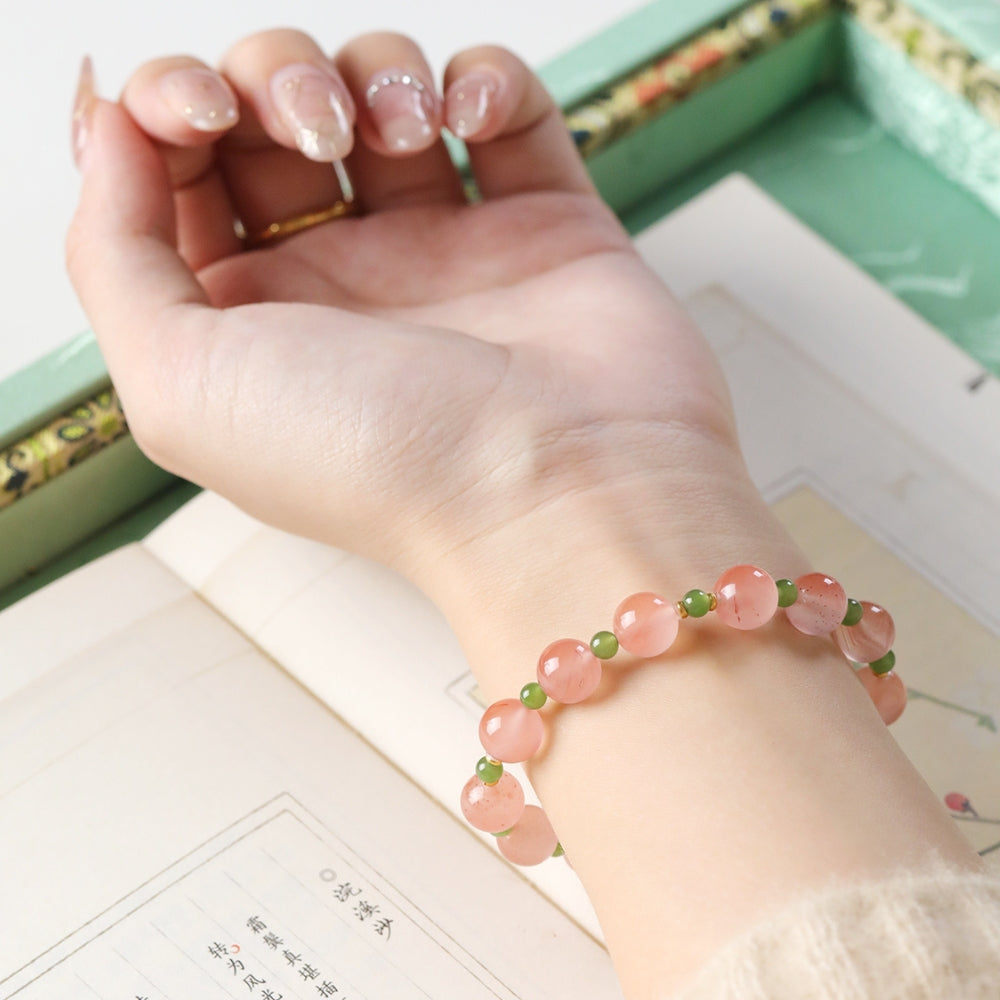 Natural Nanhong Agate and Green Jade Beaded Bracelet（fire）