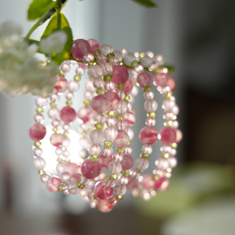 Heart's Journey · Natural Rhodonite, Rose Quartz & Peridot Bracelet: Healing, Love & Vitality