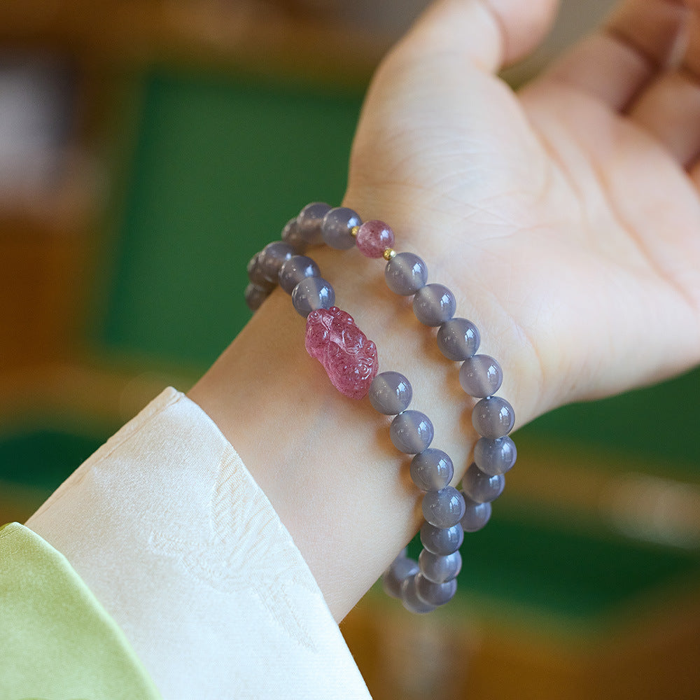 Auspicious Fortune · Smoky Amethyst & Strawberry Quartz Pixiu Double Bracelet