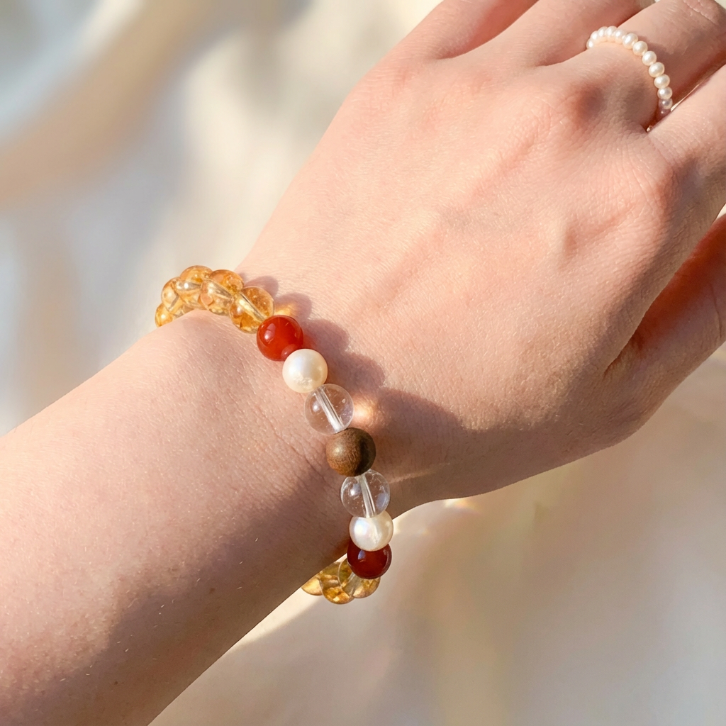 Heartland · Deep Earth Golden Rutilated Quartz & Red Agate Bracelet with Pearl & Handcrafted Tibetan Incense