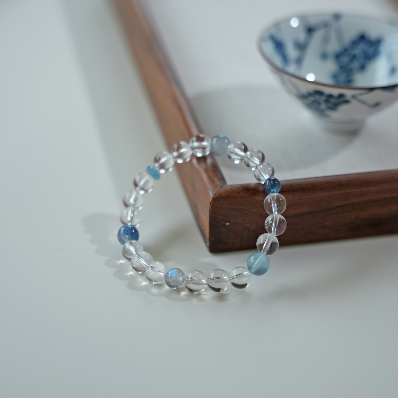 Midsummer Blue · Original High-Clarity Clear Quartz & Aquamarine Bracelet: Coolness & Serenity