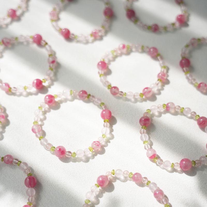 Heart's Journey · Natural Rhodonite, Rose Quartz & Peridot Bracelet: Healing, Love & Vitality