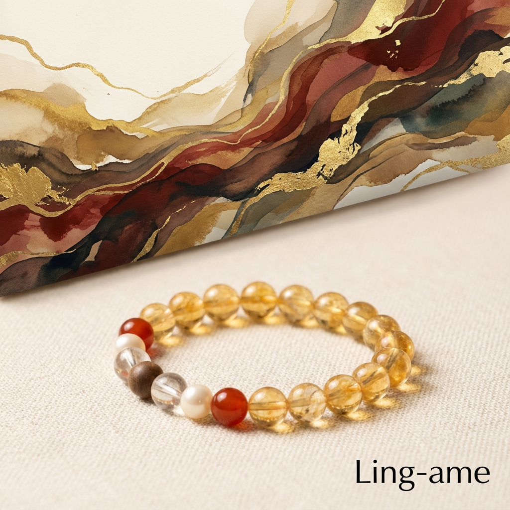 Heartland · Deep Earth Golden Rutilated Quartz & Red Agate Bracelet with Pearl & Handcrafted Tibetan Incense