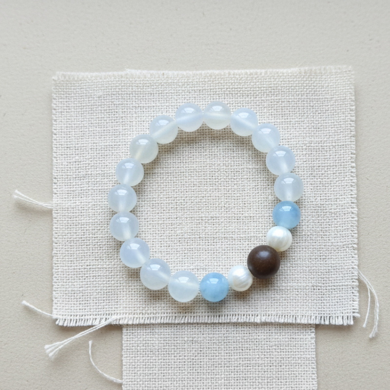 Snowbound Moonrise White Moonstone & Aquamarine Bracelet with Handcrafted Tibetan Incense Bead