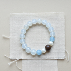Snowbound Moonrise White Moonstone & Aquamarine Bracelet with Handcrafted Tibetan Incense Bead
