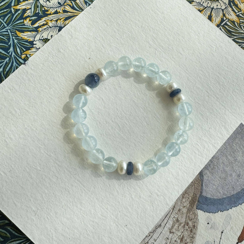 Bei Ming Yu Original Glacial Aquamarine & Freshwater Pearl Bracelet | Natural Healing Crystal Jewelry | March Birthstone Gift for Her