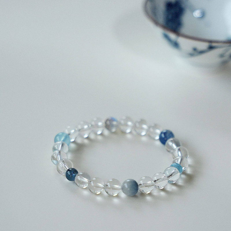 Midsummer Blue · Original High-Clarity Clear Quartz & Aquamarine Bracelet: Coolness & Serenity