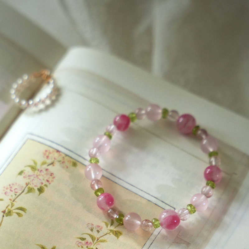 Heart's Journey · Natural Rhodonite, Rose Quartz & Peridot Bracelet: Healing, Love & Vitality