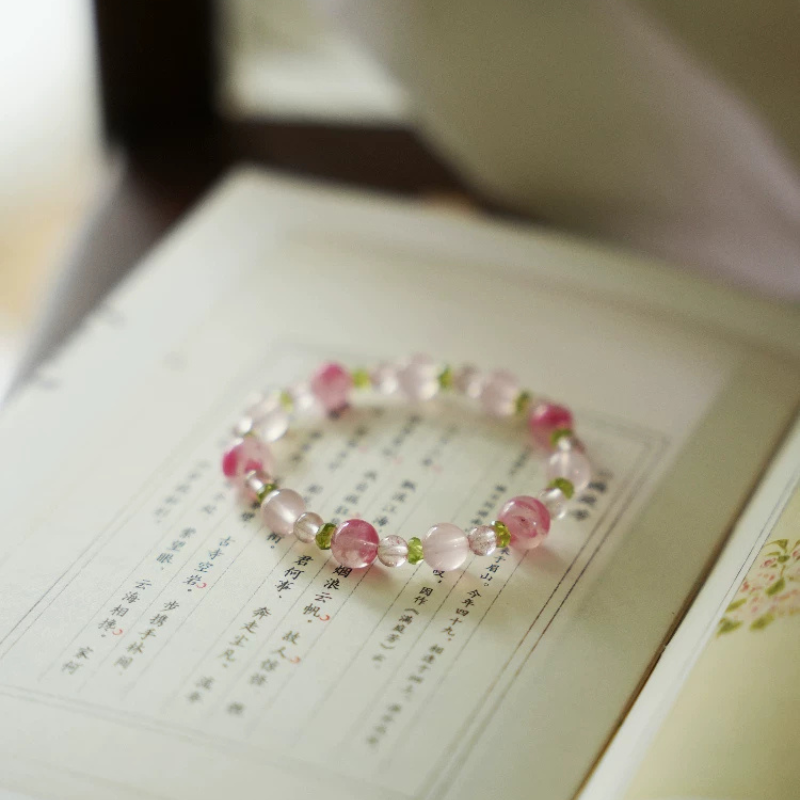 Heart's Journey · Natural Rhodonite, Rose Quartz & Peridot Bracelet: Healing, Love & Vitality