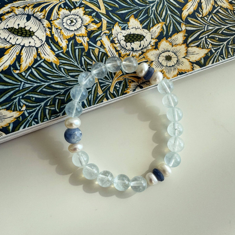Bei Ming Yu Original Glacial Aquamarine & Freshwater Pearl Bracelet | Natural Healing Crystal Jewelry | March Birthstone Gift for Her