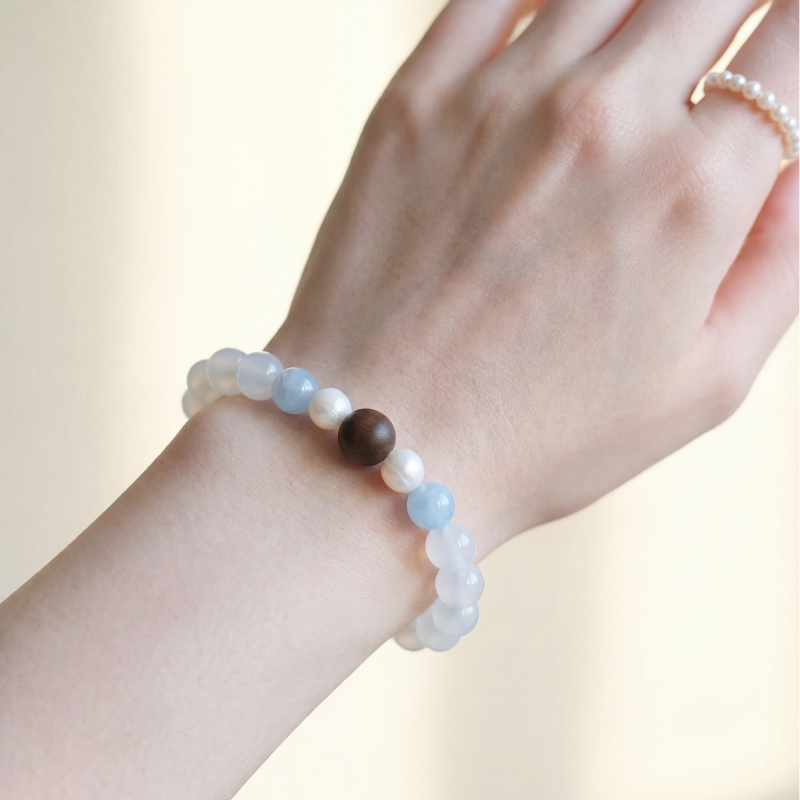 Snowbound Moonrise White Moonstone & Aquamarine Bracelet with Handcrafted Tibetan Incense Bead