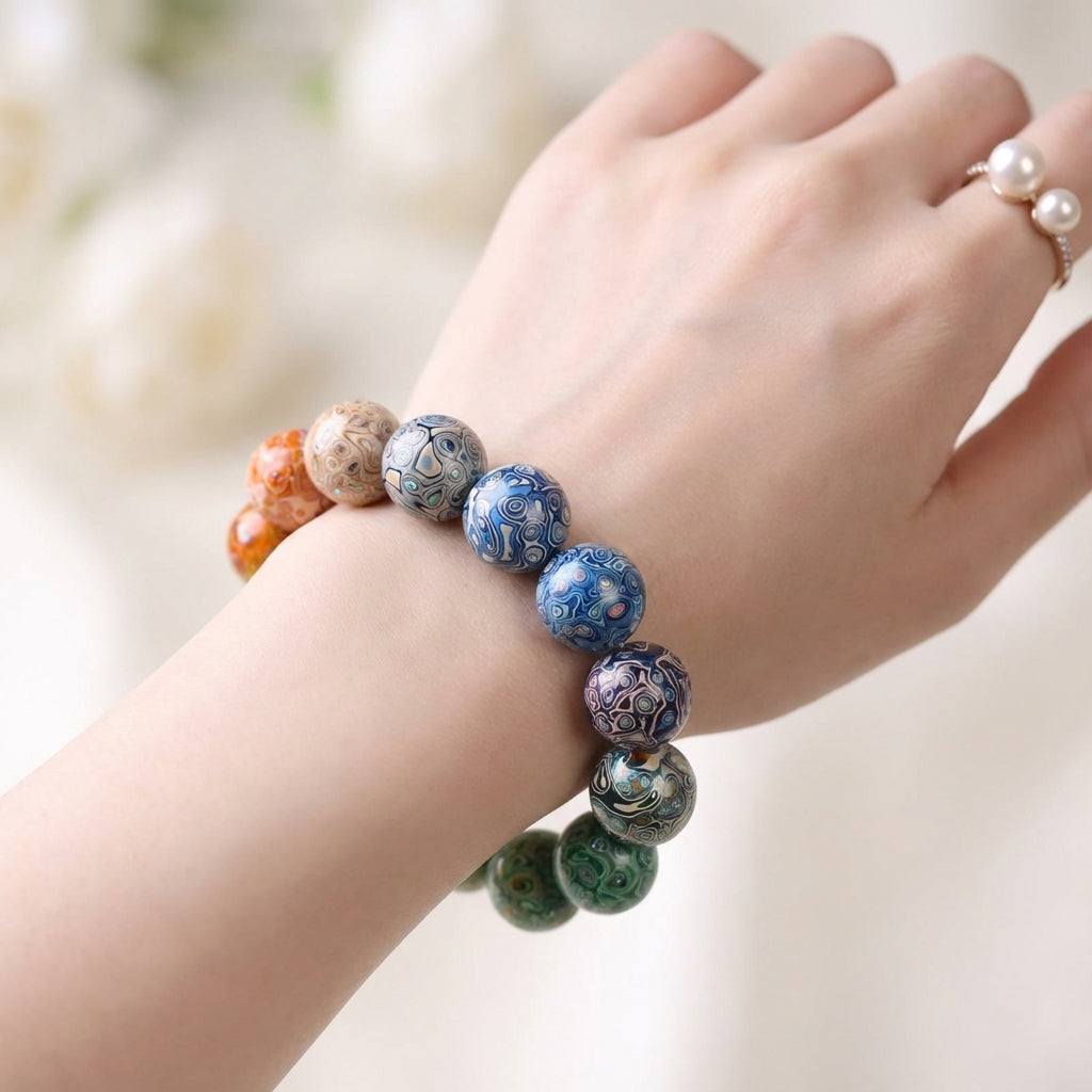 8,000-Year Intangible Cultural Heritage Handmade Natural Lacquer Beads Bracelet Ancient Chinese Lacquer Art · 90-Day Handcraft · Opal-Like Cinnabar & Shell Inlay Jewelry