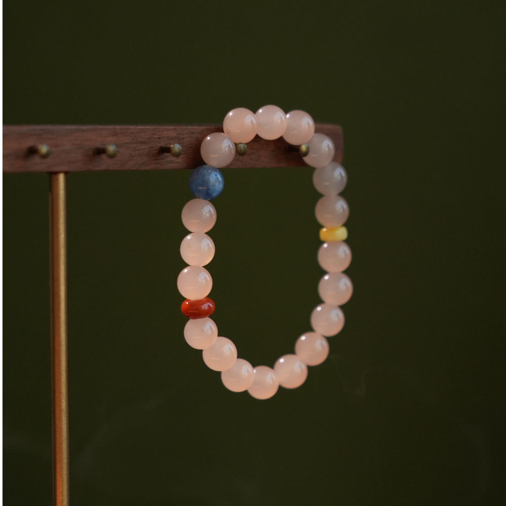 "Hua Ying Chun Shi" New Chinese Style Pink Chalcedony Bracelet with 8mm Kyanite | Natural Healing Crystal Beaded Jewelry