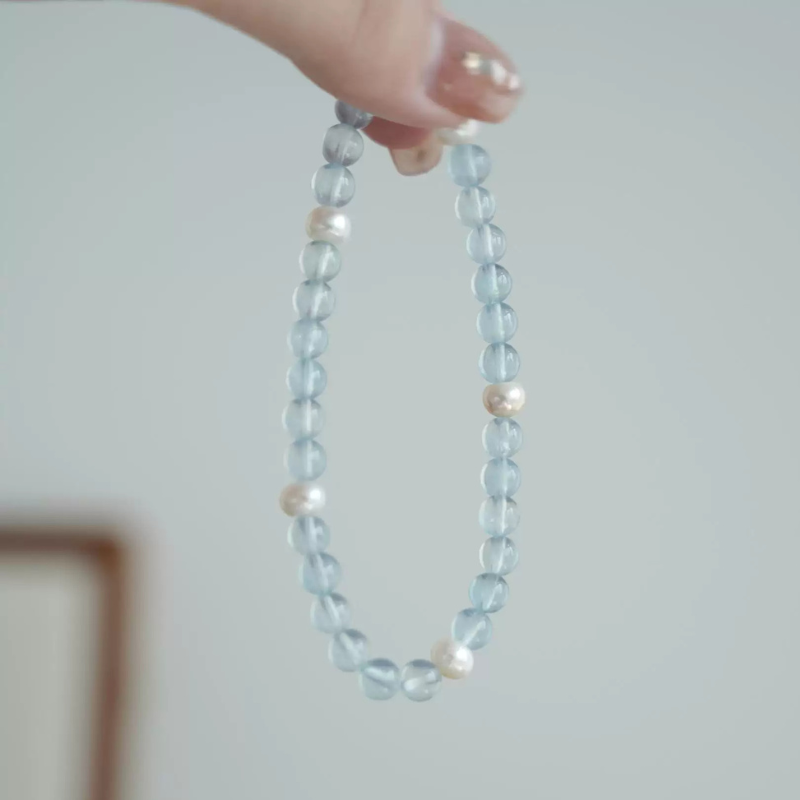 "Mint" Original 6mm Natural Ice Aquamarine & Freshwater Pearl Bracelet | Communication & Confidence Healing Crystal | Water Element Jewelry Gift for Aries Gemini Pisces