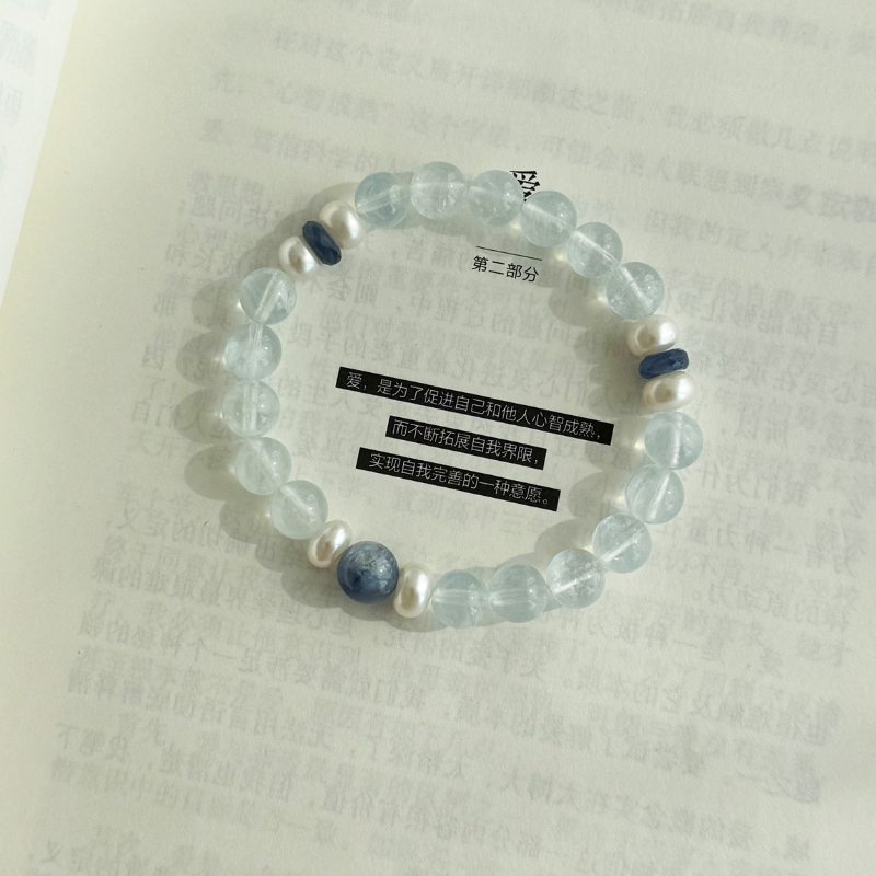 Bei Ming Yu Original Glacial Aquamarine & Freshwater Pearl Bracelet | Natural Healing Crystal Jewelry | March Birthstone Gift for Her