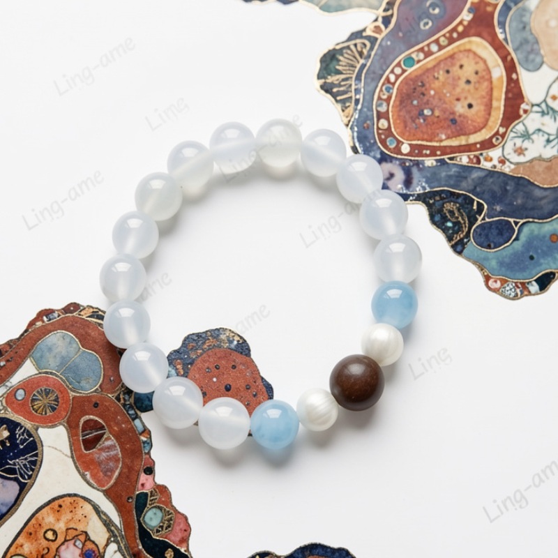 Snowbound Moonrise White Moonstone & Aquamarine Bracelet with Handcrafted Tibetan Incense Bead