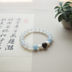 Snowbound Moonrise White Moonstone & Aquamarine Bracelet with Handcrafted Tibetan Incense Bead