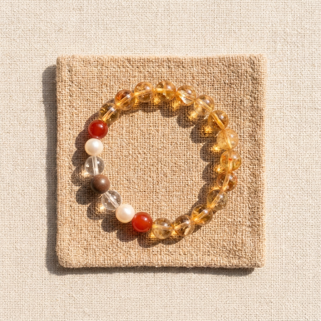 Heartland · Deep Earth Golden Rutilated Quartz & Red Agate Bracelet with Pearl & Handcrafted Tibetan Incense