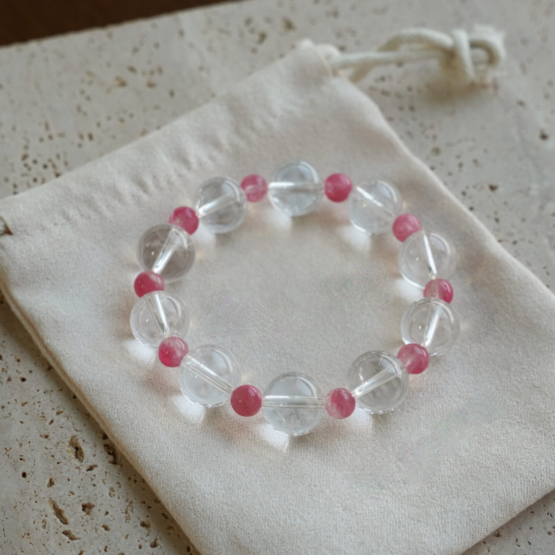 "Treading on Snow" Original 12mm High Ice Azeztulite & Rhodonite Bracelet - Fire Element Healing Crystal for Wealth, Emotional Balance, and Real Love | Rose Stone Jewelry