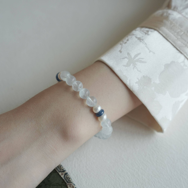 Bei Ming Yu Original Glacial Aquamarine & Freshwater Pearl Bracelet | Natural Healing Crystal Jewelry | March Birthstone Gift for Her