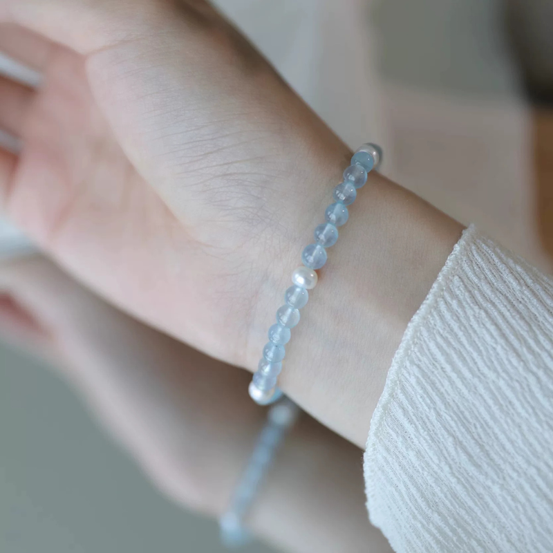 "Mint" Original 6mm Natural Ice Aquamarine & Freshwater Pearl Bracelet | Communication & Confidence Healing Crystal | Water Element Jewelry Gift for Aries Gemini Pisces
