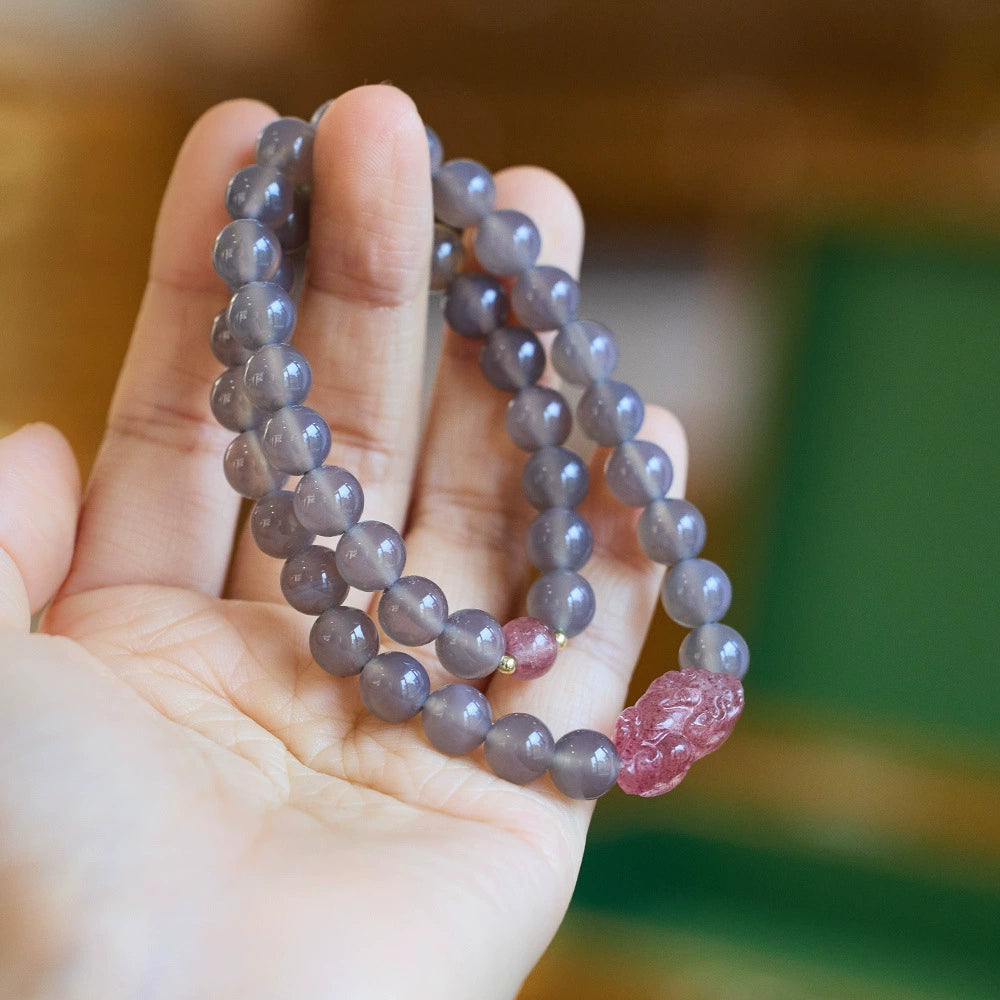 Auspicious Fortune · Smoky Amethyst & Strawberry Quartz Pixiu Double Bracelet