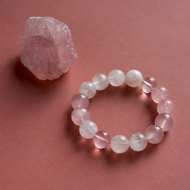 "Xi Zi" Original 11mm Madagascar Rose Quartz & Snow Phantom Bracelet - Relationship Luck & Self-Love Healing Crystal Gift | Independent Women Jewelry
