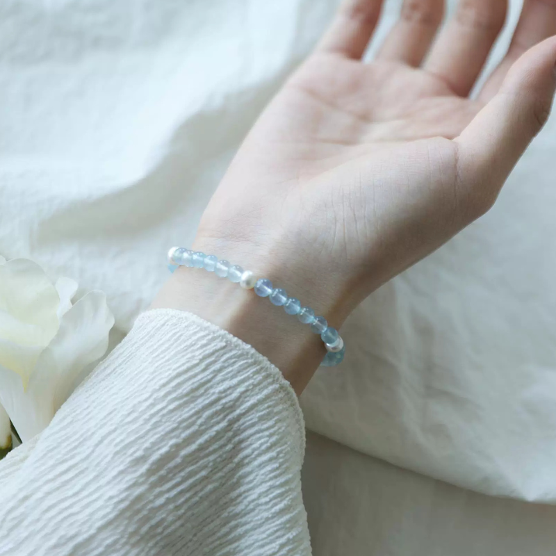 "Mint" Original 6mm Natural Ice Aquamarine & Freshwater Pearl Bracelet | Communication & Confidence Healing Crystal | Water Element Jewelry Gift for Aries Gemini Pisces