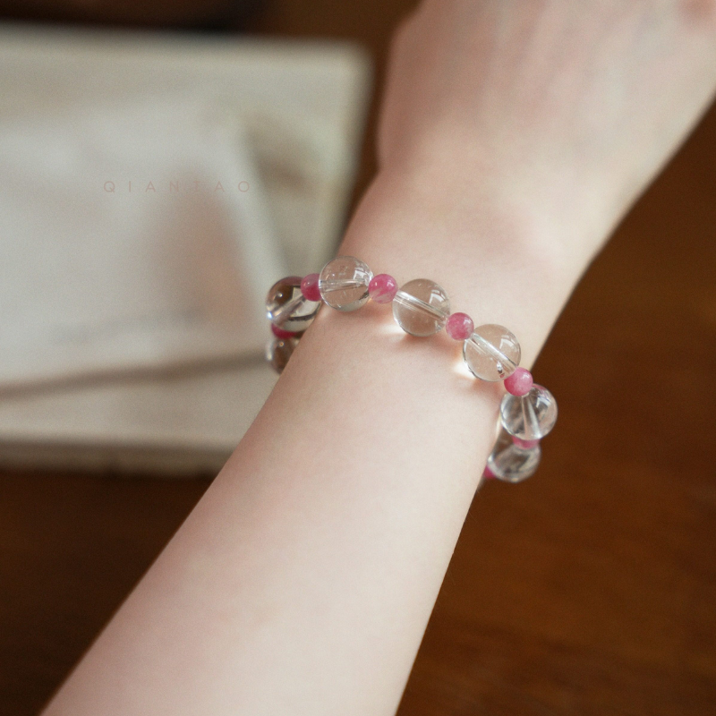 "Treading on Snow" Original 12mm High Ice Azeztulite & Rhodonite Bracelet - Fire Element Healing Crystal for Wealth, Emotional Balance, and Real Love | Rose Stone Jewelry