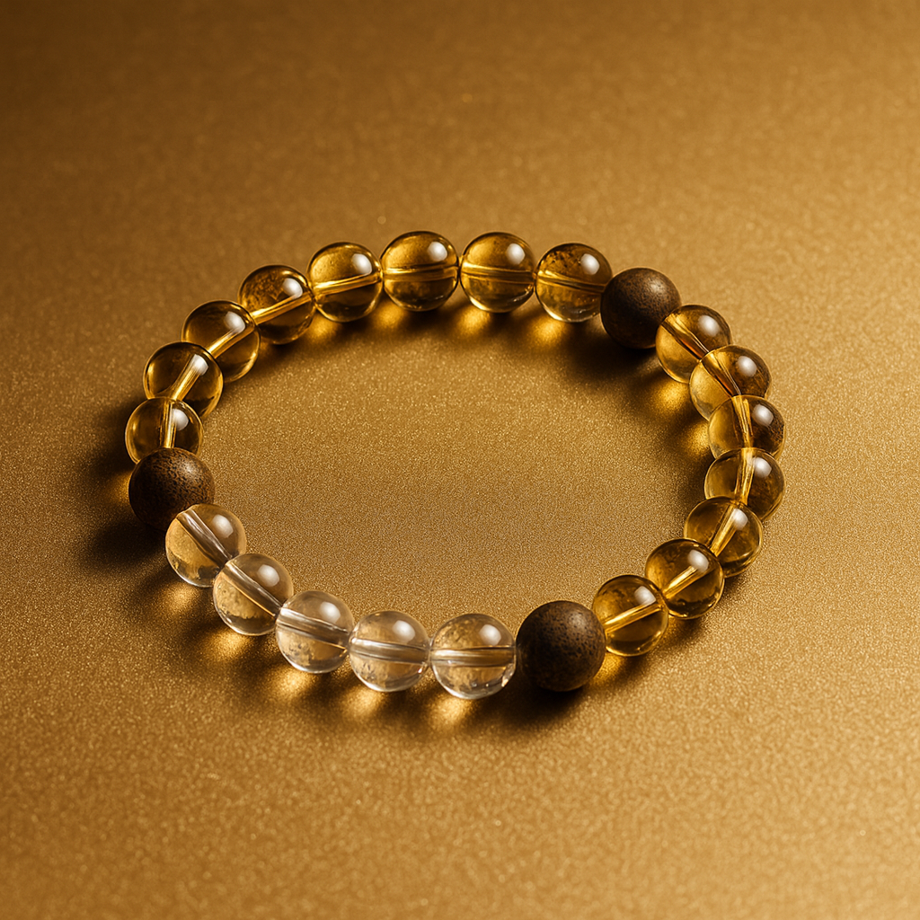 Golden Aura Five Element Wealth Bracelet - Agarwood, Citrine, Clear Quartz & Pyramid Quartz - Prosperity & Zen Meditation Jewelry