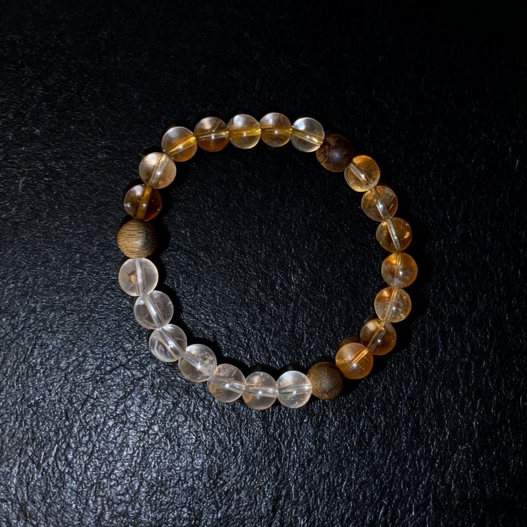 Golden Aura Five Element Wealth Bracelet - Agarwood, Citrine, Clear Quartz & Pyramid Quartz - Prosperity & Zen Meditation Jewelry