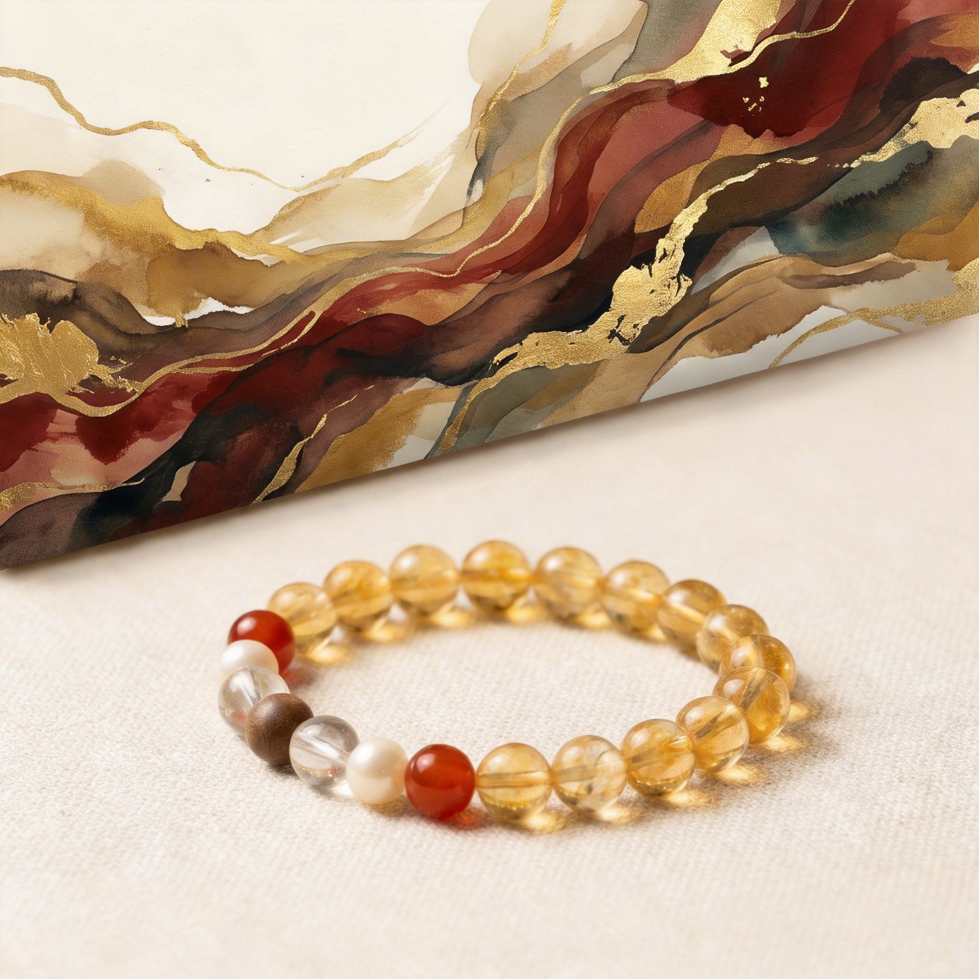 Heartland · Deep Earth Golden Rutilated Quartz & Red Agate Bracelet with Pearl & Handcrafted Tibetan Incense（earth）